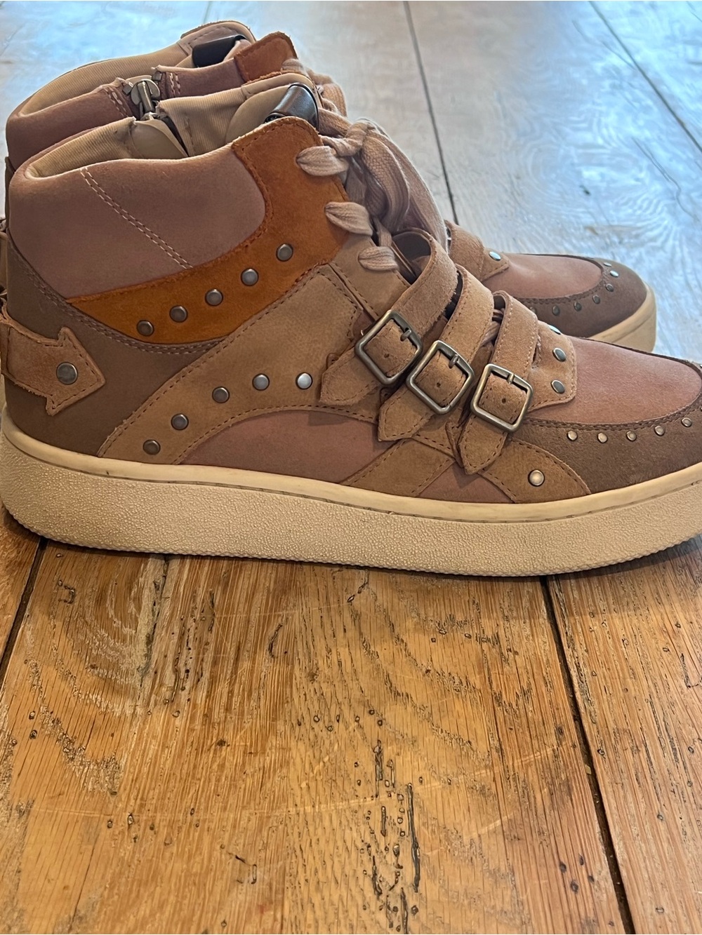 COACH G3887 Women’s 11B Suede High Top Sneakers Beige/Brown Lace-Up Buckle Zip